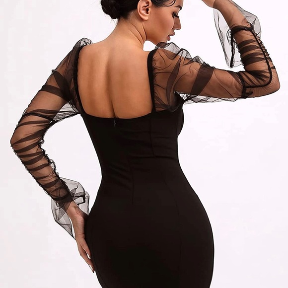 Mesh Sheer Puff Long Sleeve Bodycon Dress - Picture 2 of 3